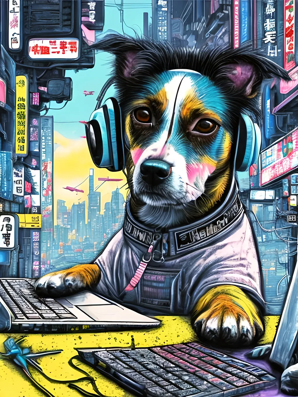 Prompt: pop art chalk pastel art of a detailed dog hacking a computer on the streets in cyberpunk japan with planes in the background, sketch, detailed background, highres, fun atmosphere, natural lighting,  abstract, fun