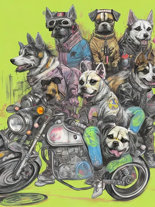 Prompt: pop art chalk pastel art of detailed dogs wearing biker gang clothes playing in the streets in cyberpunk japan during a festival, sketch, detailed background, highres, fun atmosphere, natural lighting,  abstract, fun