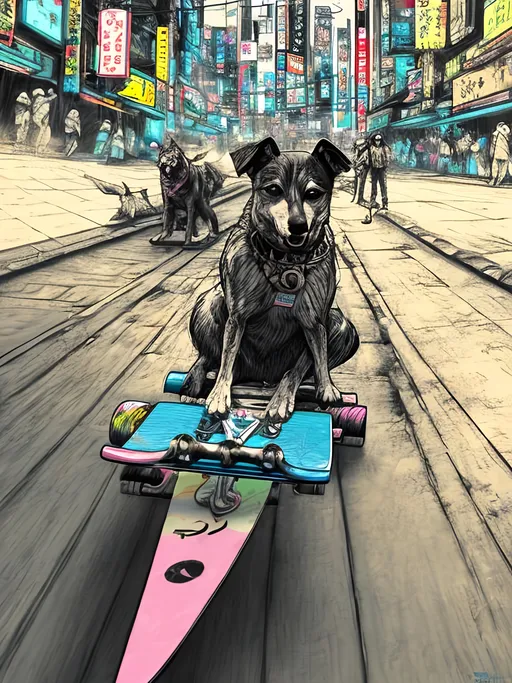 Prompt: pop art chalk pastel art of detailed dog skate boarding in cyberpunk japan during a festival, sketch, detailed background, highres, fun atmosphere, natural lighting,  abstract, fun