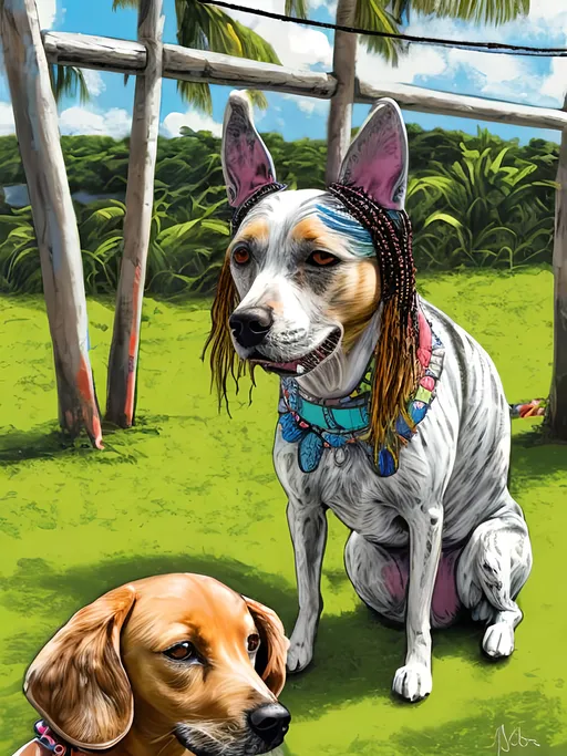 Prompt: pop art chalk pastel style of a  detailed dog getting its hair braided in Jamaica, sketch, detailed background, highres, fun atmosphere, natural lighting,  abstract, fun