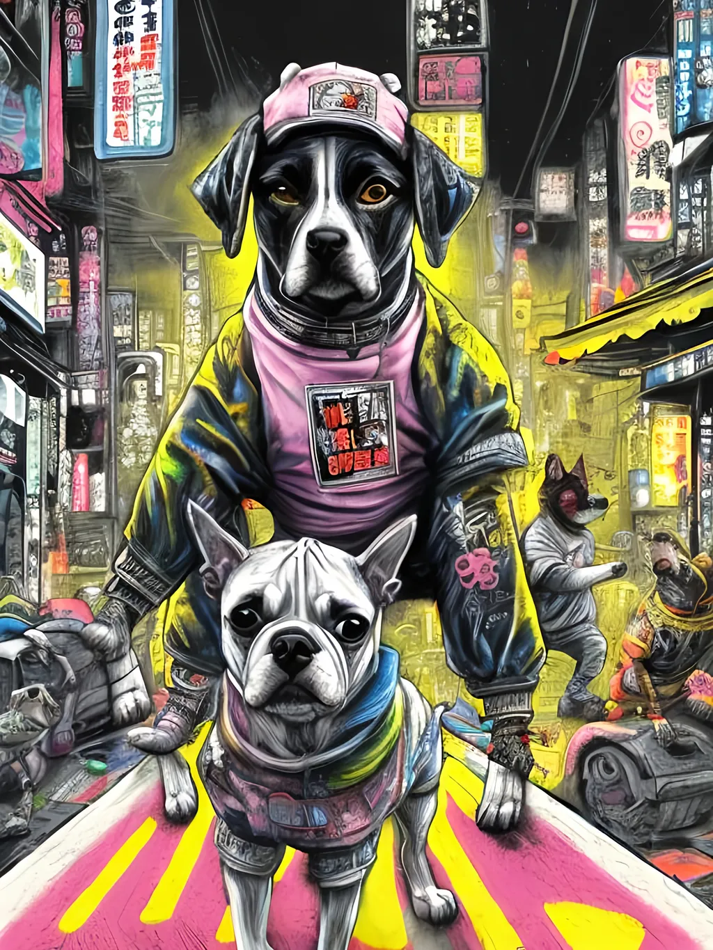 Prompt: pop art chalk pastel art of detailed dogs wearing gangster clothes playing in the streets in cyberpunk japan during a festival, sketch, detailed background, highres, fun atmosphere, natural lighting,  abstract, fun
