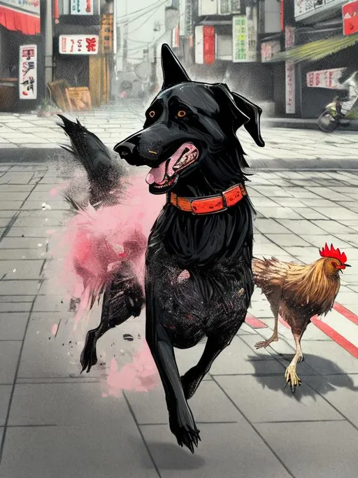 Prompt: a black dog wearing cool clothes chasing a chicken in the streets in japan, sketch, detailed background, highres, fun atmosphere, natural lighting, pastel colors, abstract, fun