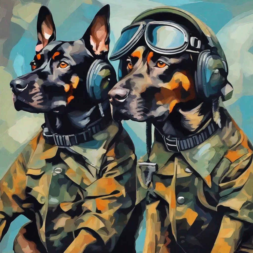 Prompt: mountain cur black dogs in pilot uniform abstract art