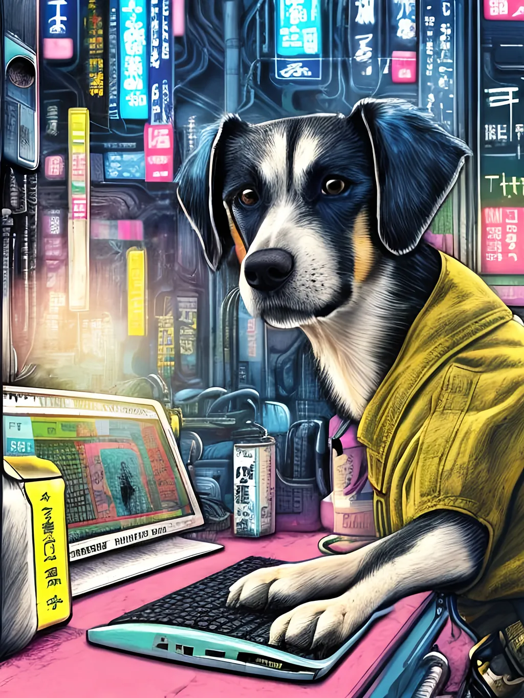 Prompt: pop art chalk pastel art of a detailed dog hacking a computer on the subway train in cyberpunk japan with planes in the background, sketch, detailed background, highres, fun atmosphere, natural lighting,  abstract, fun