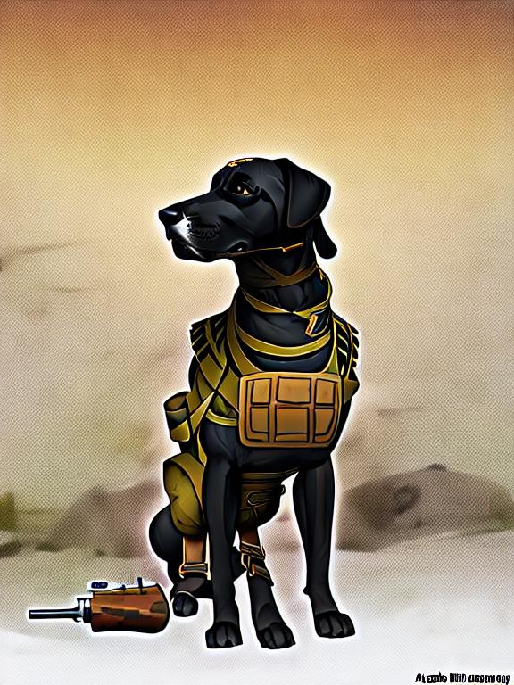 Prompt: black mountain cur dog in military gear in egypt