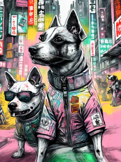 Prompt: pop art chalk pastel art of detailed dogs wearing gangster clothes playing in the streets in cyberpunk japan during a festival, sketch, detailed background, highres, fun atmosphere, natural lighting,  abstract, fun