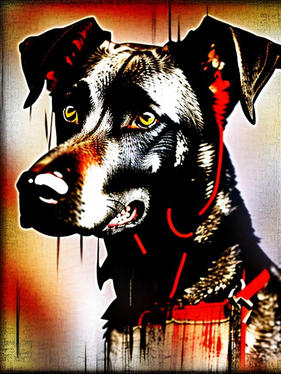 Prompt: Mountain cur black dog in redneck clothing abstract art style