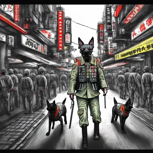 Prompt: pop art chalk pastel art of detailed dog wearing military uniforms<mymodel> playing in the streets in cyberpunk japan during a festival, sketch, detailed background, highres, fun atmosphere, natural lighting,  abstract, fun