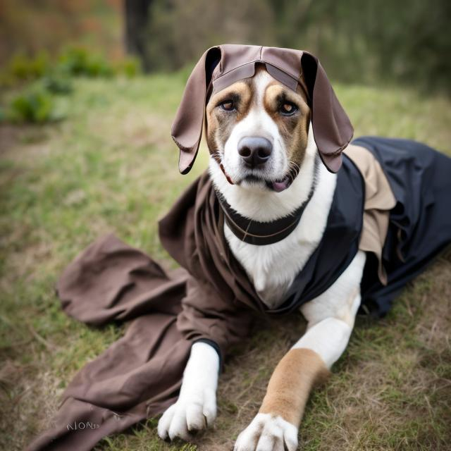 Prompt: black mountain cur dog LARPing in cosplay