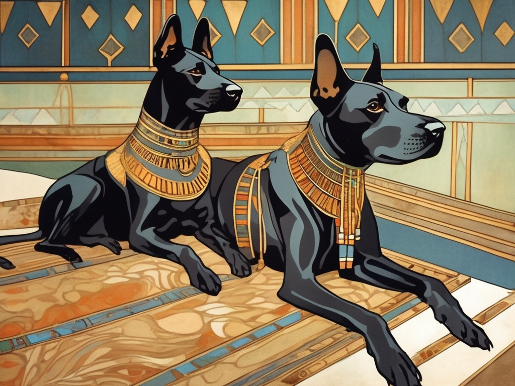 Prompt: Art Nouveau style black dogs in egyptian clothing