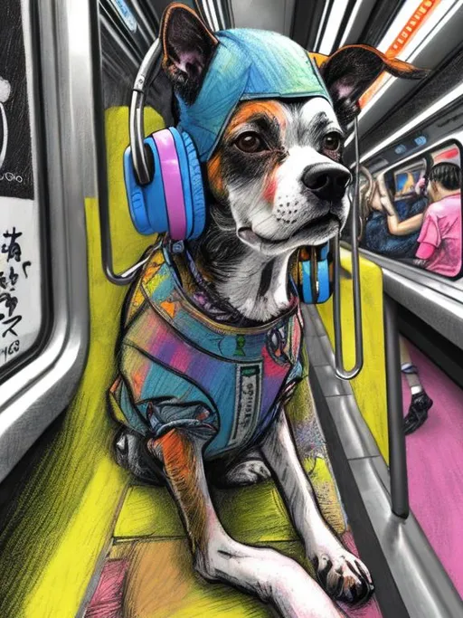 Prompt: pop art chalk pastel art of a detailed dog listening to music on the train in cyberpunk japan during a festival, sketch, detailed background, highres, fun atmosphere, natural lighting,  abstract, fun