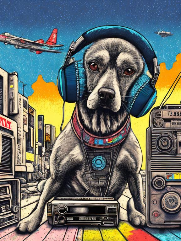 Prompt: pop art chalk pastel art of a detailed dog listening to music on a tape player on the streets in post-apocalyptic Japan during a festival with planes in the background, sketch, detailed background, highres, fun atmosphere, natural lighting,  abstract, fun