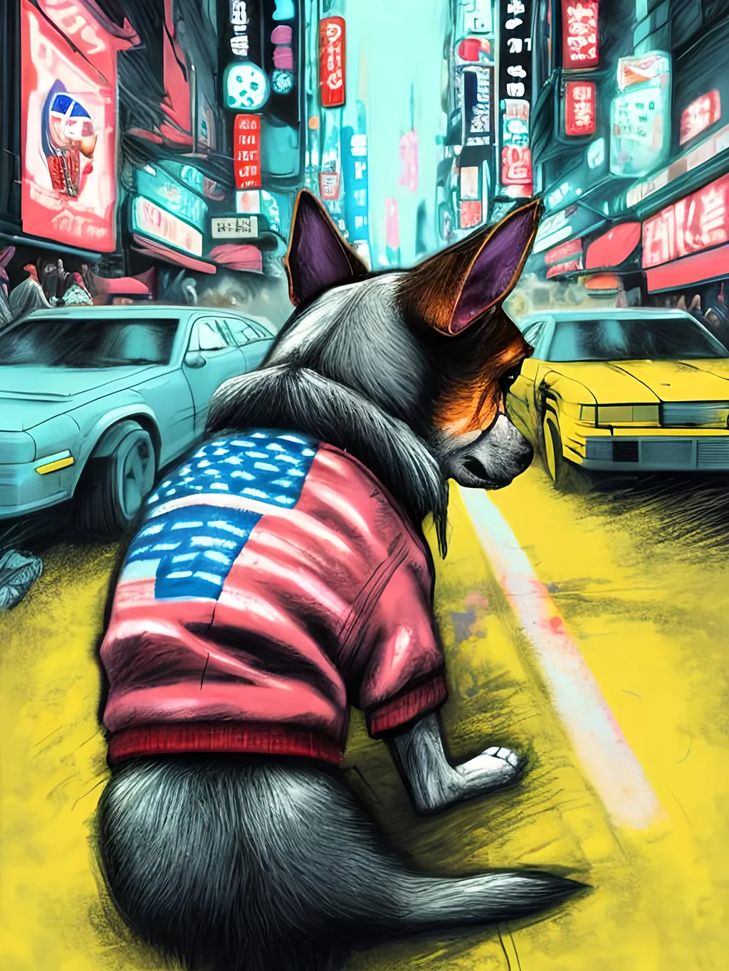 Prompt: pop art chalk pastel art of detailed dog wearing USA clothes playing in the streets in cyberpunk japan during a festival, sketch, detailed background, highres, fun atmosphere, natural lighting,  abstract, fun