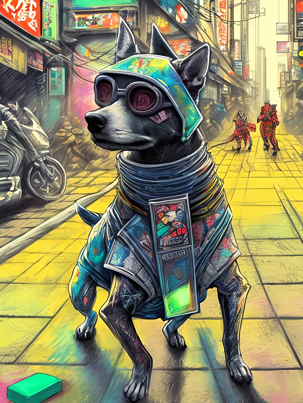 Prompt: pop art chalk pastel art of detailed dog wearing ninja clothes playing in the streets in cyberpunk japan during a festival, sketch, detailed background, highres, fun atmosphere, natural lighting,  abstract, fun