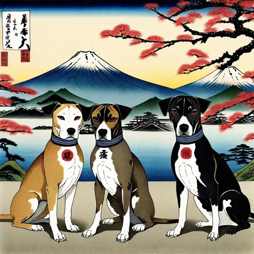 Prompt: black mountain cur dogs in hiroshige wearing yakuza clothes