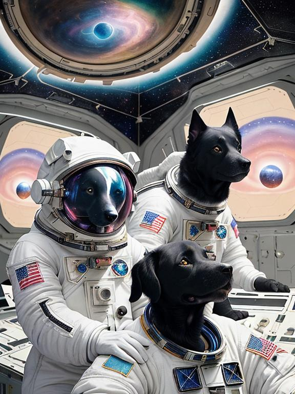 Prompt: Surrealism art, black dogs in astronaut outfits, space background, surrealistic, abstract, detailed fur, cosmic colors, dreamlike atmosphere, high quality, surrealism, astronaut dogs, abstract art, cosmic, detailed, surreal colors, space setting, dreamy lighting