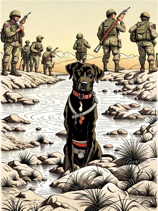 Prompt: black mountain cur dog in military gear in egypt 90s poster