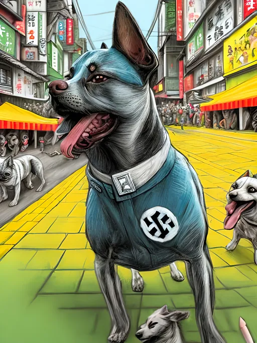 Prompt: pop art chalk pastel art of detailed dogs wearing nazi uniforms playing in the streets in japan during a festival, sketch, detailed background, highres, fun atmosphere, natural lighting,  abstract, fun