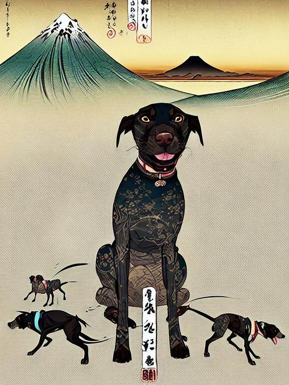 Prompt: black mountain cur dogs pooping in hiroshige wave 