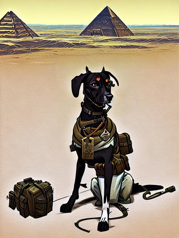 Prompt: black mountain cur dog in military gear in egypt 90s poster