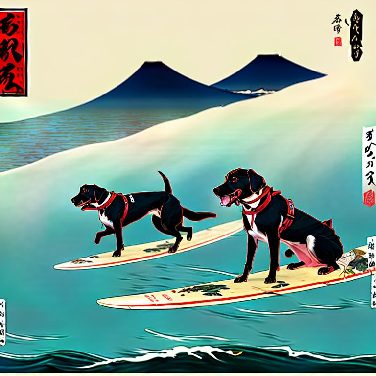 Prompt: black mountain cur dogs surfing in hiroshige wearing pro trump clothes