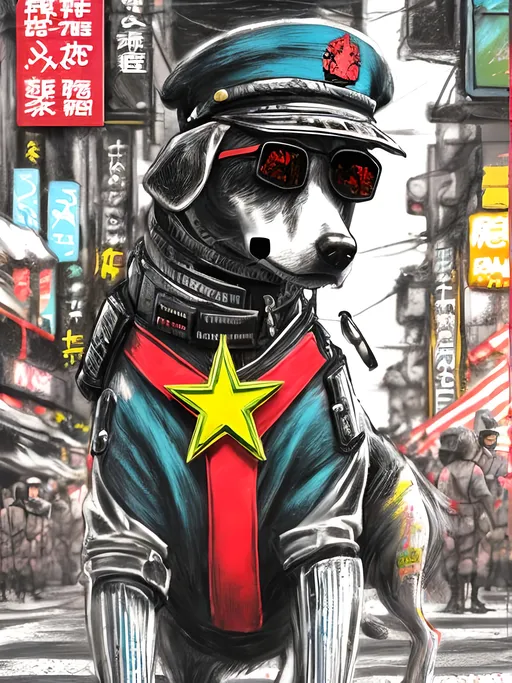 Prompt: pop art chalk pastel art of detailed dog wearing military uniforms<mymodel> playing in the streets in cyberpunk japan during a festival, sketch, detailed background, highres, fun atmosphere, natural lighting,  abstract, fun