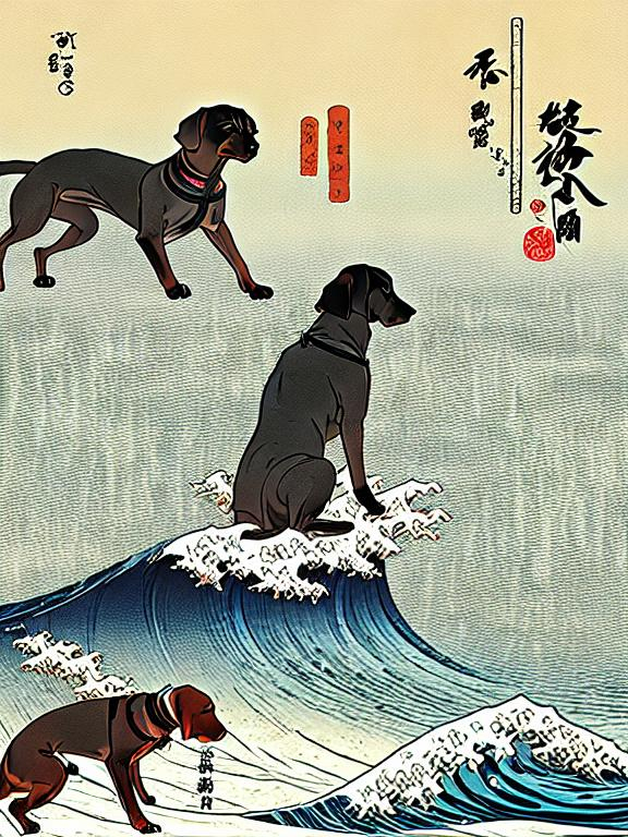 Prompt: black mountain cur dogs pooping in hiroshige wave 