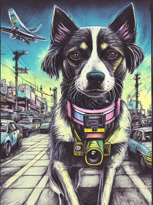 Prompt: pop art chalk pastel art of a detailed dog with a polaroid camera on the streets in post-apocalyptic Japan during a festival with planes in the background, sketch, detailed background, highres, fun atmosphere, natural lighting,  abstract, fun