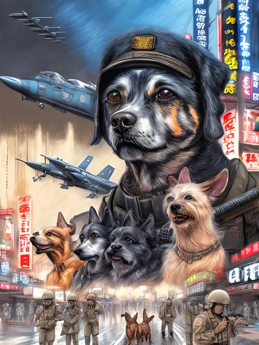 Prompt: chalk pastel art of a detailed dogs wearing military uniforms on the streets in cyberpunk japan during a festival with planes in the background, sketch, detailed background, highres, fun atmosphere, natural lighting,  abstract, fun