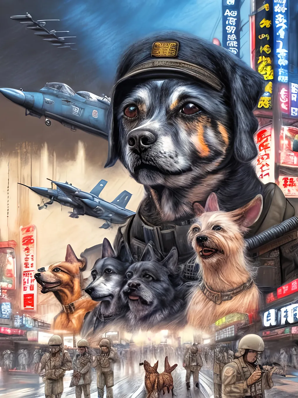 Prompt: chalk pastel art of a detailed dogs wearing military uniforms on the streets in cyberpunk japan during a festival with planes in the background, sketch, detailed background, highres, fun atmosphere, natural lighting,  abstract, fun