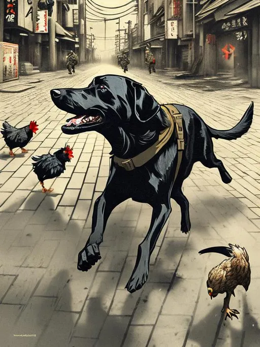 Prompt: a black dog wearing a nazi uniform chasing a chicken in the streets in japan, sketch, detailed background, highres, fun atmosphere, natural lighting, pastel colors, abstract, fun