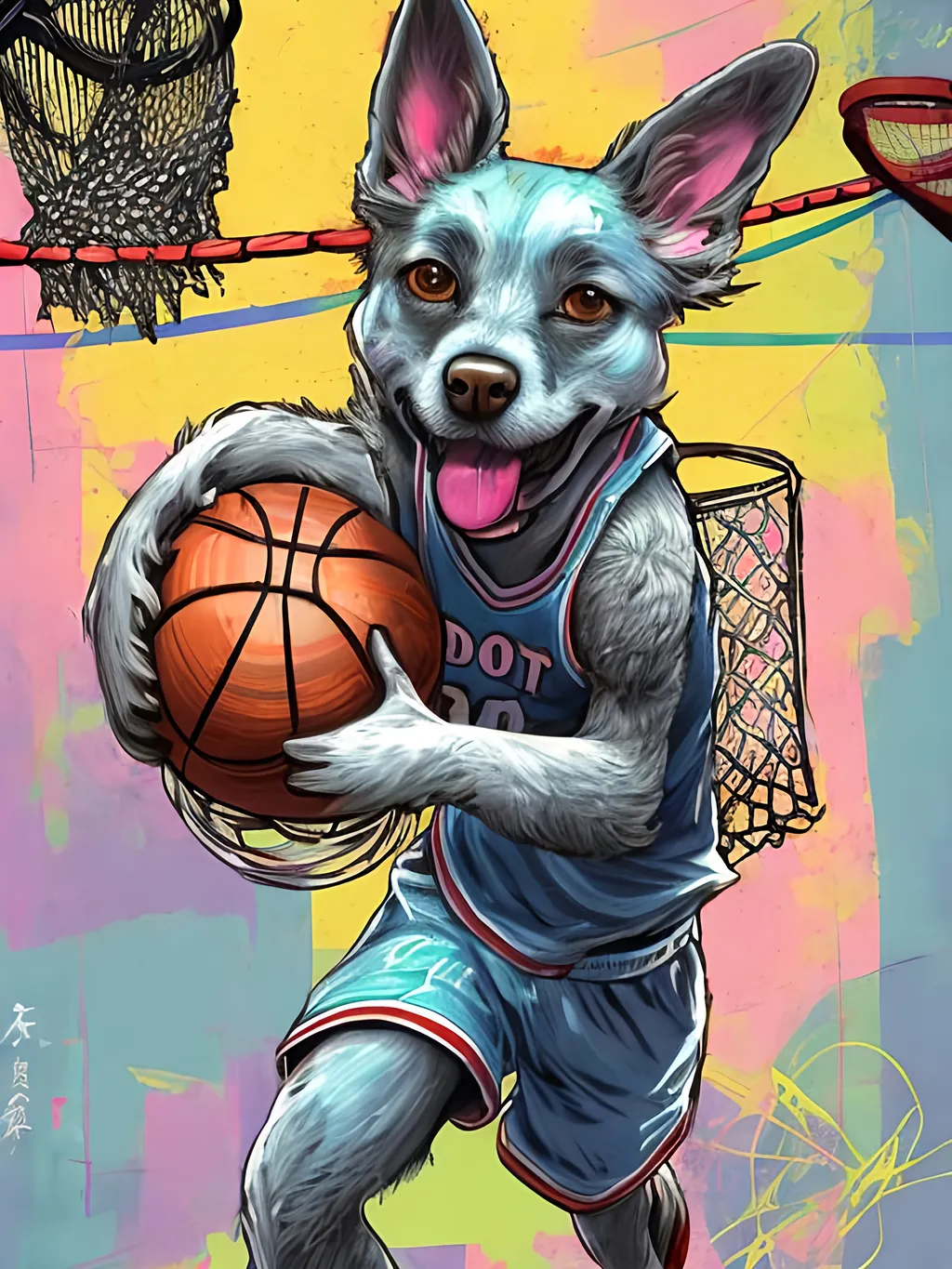 Prompt: pop art chalk pastel art of detailed dog playing basket ball game in cyberpunk japan, sketch, detailed background, highres, fun atmosphere, natural lighting,  abstract, fun