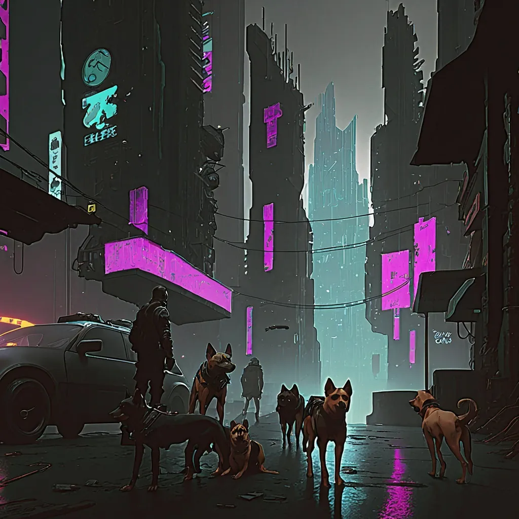 Prompt: cyberpunk city with dogs
