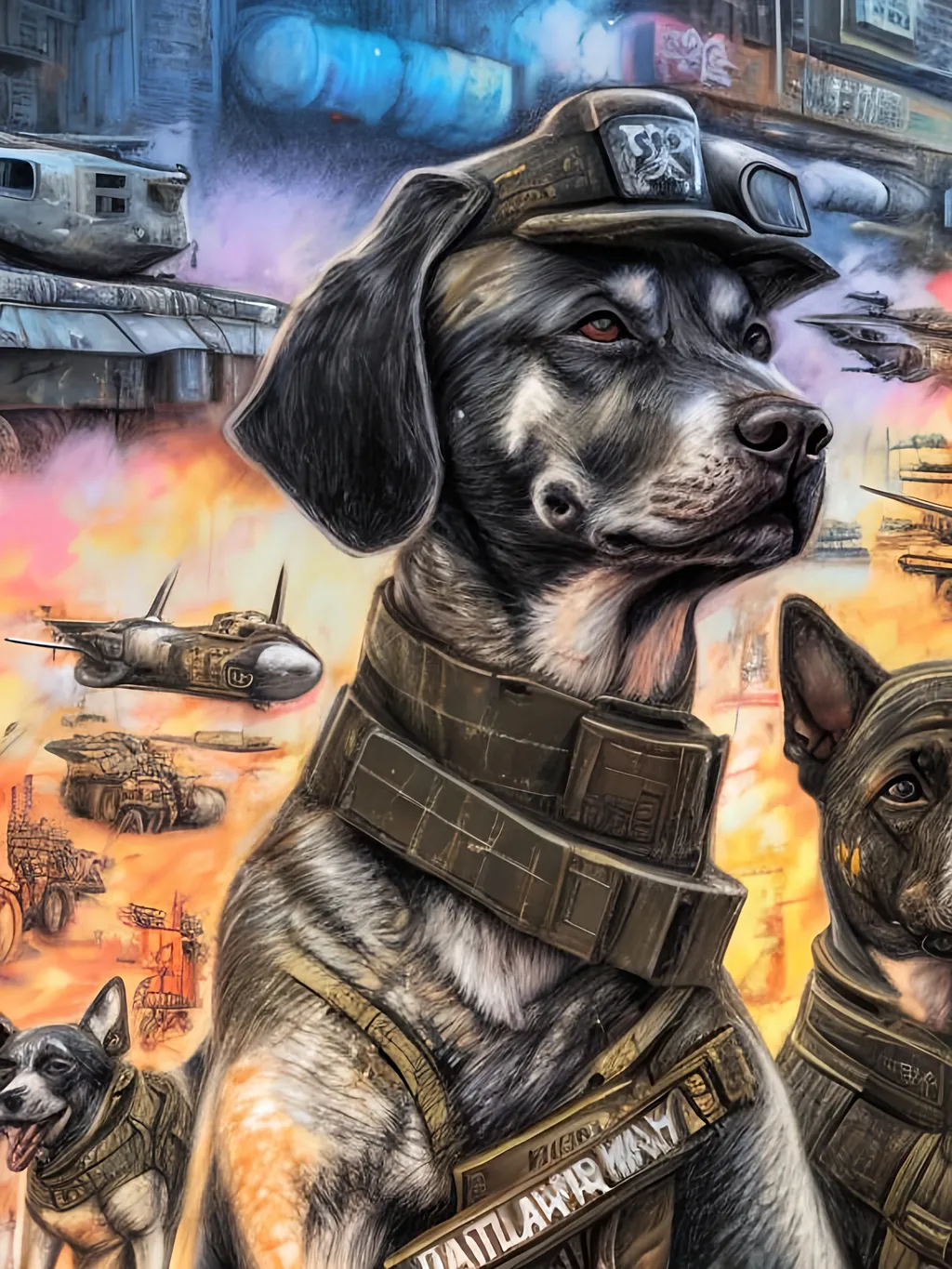 Prompt: chalk pastel art of a detailed dogs wearing military uniforms on the streets in cyberpunk japan during a festival with planes in the background, sketch, detailed background, highres, fun atmosphere, natural lighting,  abstract, fun