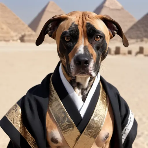 Prompt: black mountain cur dog dressed as yakuza in egypt