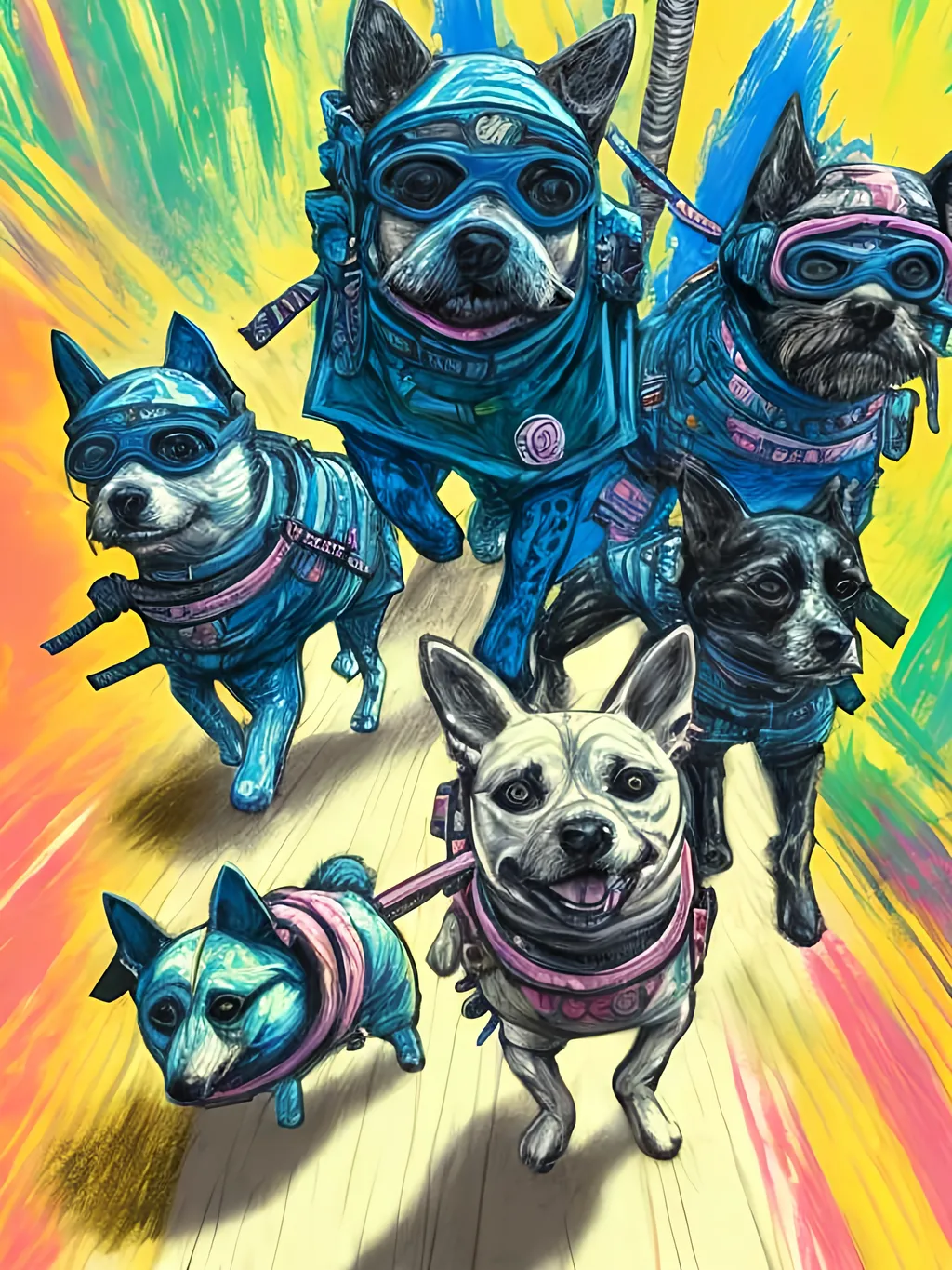 Prompt: pop art chalk pastel art of detailed dogs wearing ninja clothes playing in the streets in cyberpunk japan during a festival, sketch, detailed background, highres, fun atmosphere, natural lighting,  abstract, fun