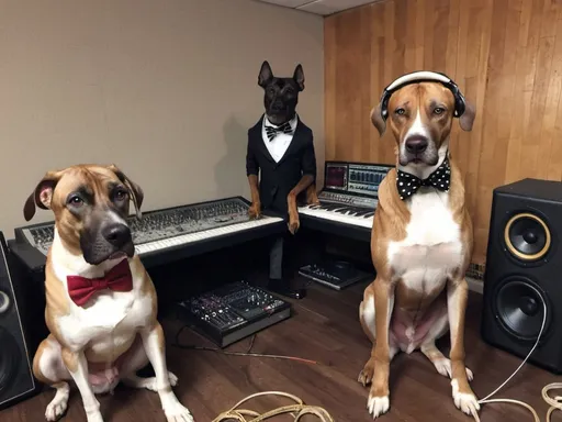 Prompt: black mountain cur dogs rap album dressed as gangsters in recording studio