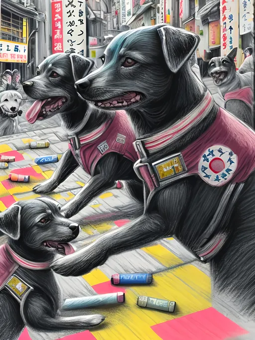 Prompt: pop art chalk pastel art of detailed dogs wearing pilot uniforms playing in the streets in japan during a festival, sketch, detailed background, highres, fun atmosphere, natural lighting,  abstract, fun