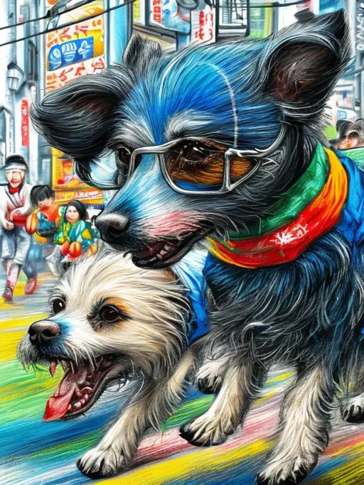 Prompt: pop art chalk pastel art of detailed dogs wearing clothes playing in the streets in japan during a festival, sketch, detailed background, highres, fun atmosphere, natural lighting,  abstract, fun