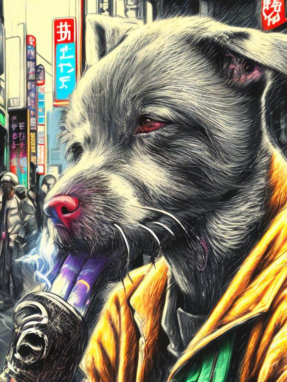 Prompt: pop art chalk pastel art of detailed dog smoking in the streets in cyberpunk japan during a festival, sketch, detailed background, highres, fun atmosphere, natural lighting,  abstract, fun