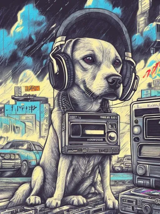 Prompt: pop art chalk pastel art of a detailed dog listening to music on a tape player on the streets in post-apocalyptic Japan during a festival with planes in the background, sketch, detailed background, highres, fun atmosphere, natural lighting,  abstract, fun