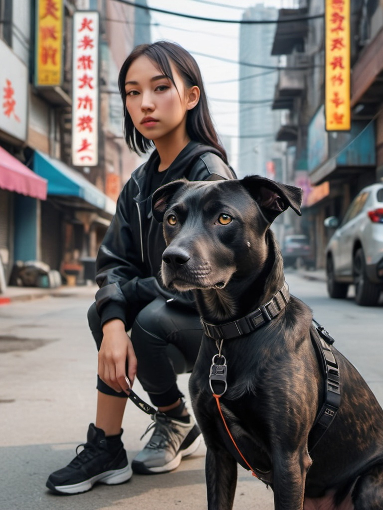 Prompt: mountain cur black dog with half asian girl in cyberpunk city