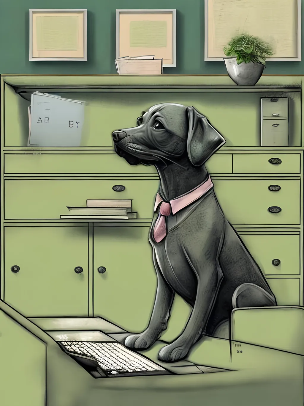 Prompt: chalk pastel style of a  detailed dog typing at a desk in an office, sketch, detailed background, highres, fun atmosphere, natural lighting,  abstract, fun