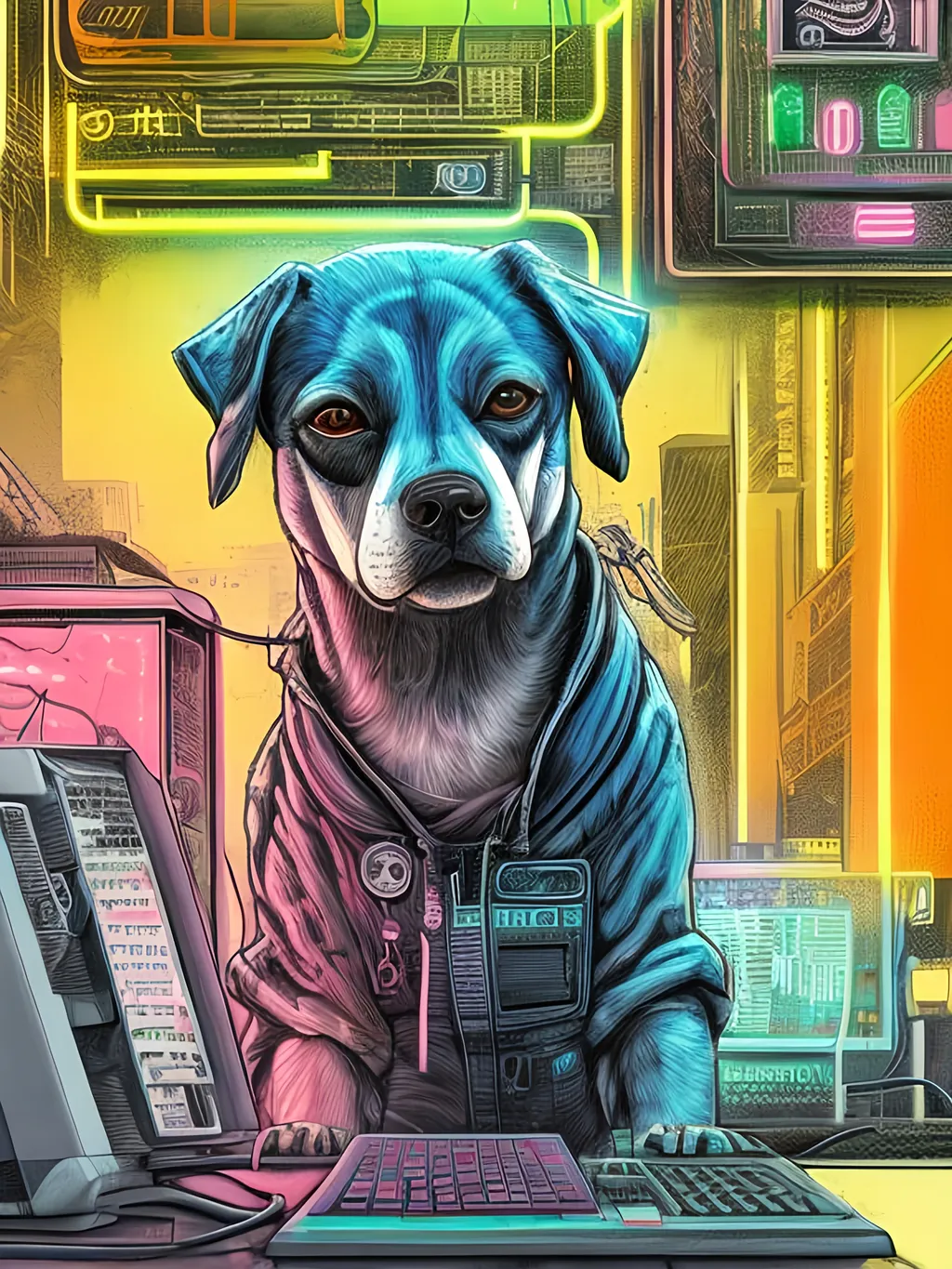 Prompt: pop art chalk pastel art of detailed dog hacking computers in cyberpunk japan, sketch, detailed background, highres, fun atmosphere, natural lighting,  abstract, fun