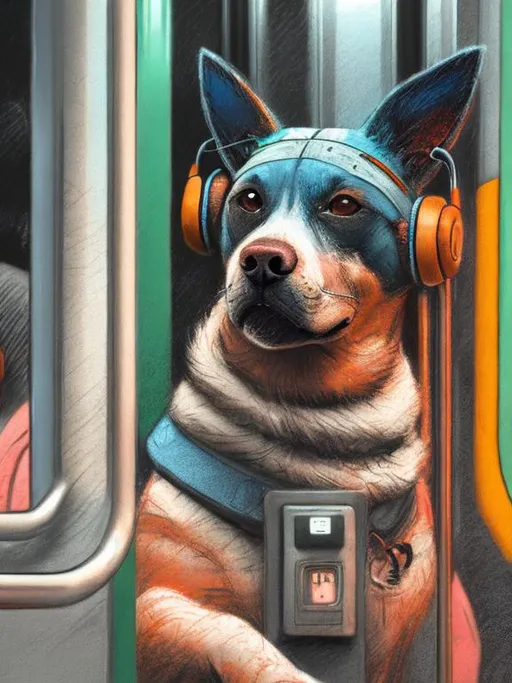 Prompt: chalk pastel art of a detailed dog listening to music on the subway train in cyberpunk japan, sketch, detailed background, highres, fun atmosphere, natural lighting,  abstract, fun