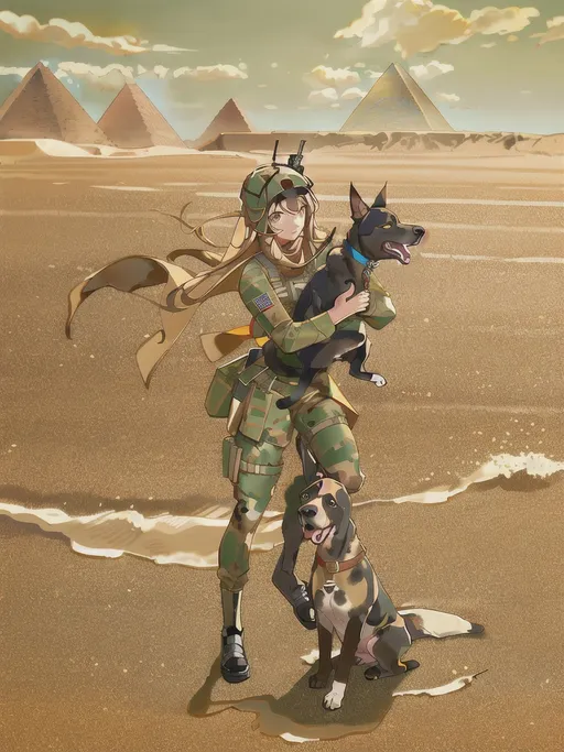 Prompt: black mountain cur dog in military gear in egypt