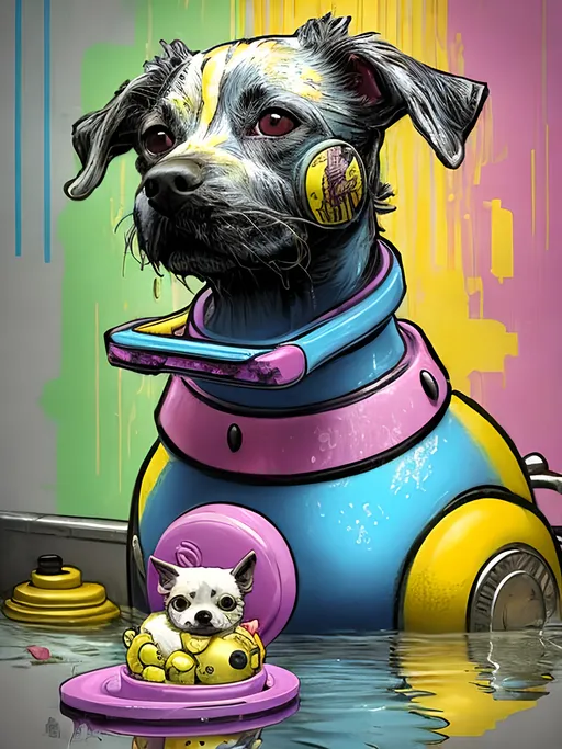 Prompt: pop art chalk pastel art of detailed dog taking a bath with a rubber ducky in cyberpunk japan, sketch, detailed background, highres, fun atmosphere, natural lighting,  abstract, fun