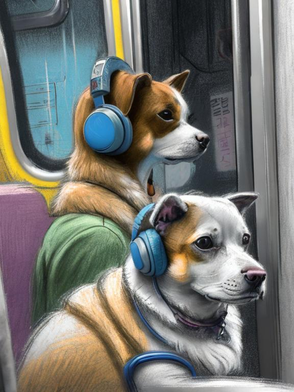 Prompt: chalk pastel art of a detailed dog listening to music on the subway train in cyberpunk japan, sketch, detailed background, highres, fun atmosphere, natural lighting,  abstract, fun