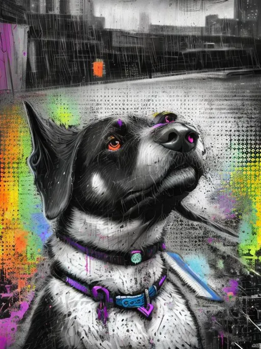 Prompt: Detailed pastel chalk pop art of an all-black mountain cur dog in a school uniform, cyberpunk city background, detailed fur with cool reflections, intense and focused gaze, high-tech collar, highres, pop art, pastel chalk, cyberpunk, detailed eyes, school uniform, detailed background, professional, atmospheric lighting