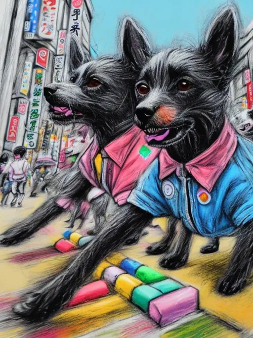 Prompt: pop art chalk pastel art of detailed dogs wearing clothes playing in the streets in japan during a festival, sketch, detailed background, highres, fun atmosphere, natural lighting,  abstract, fun